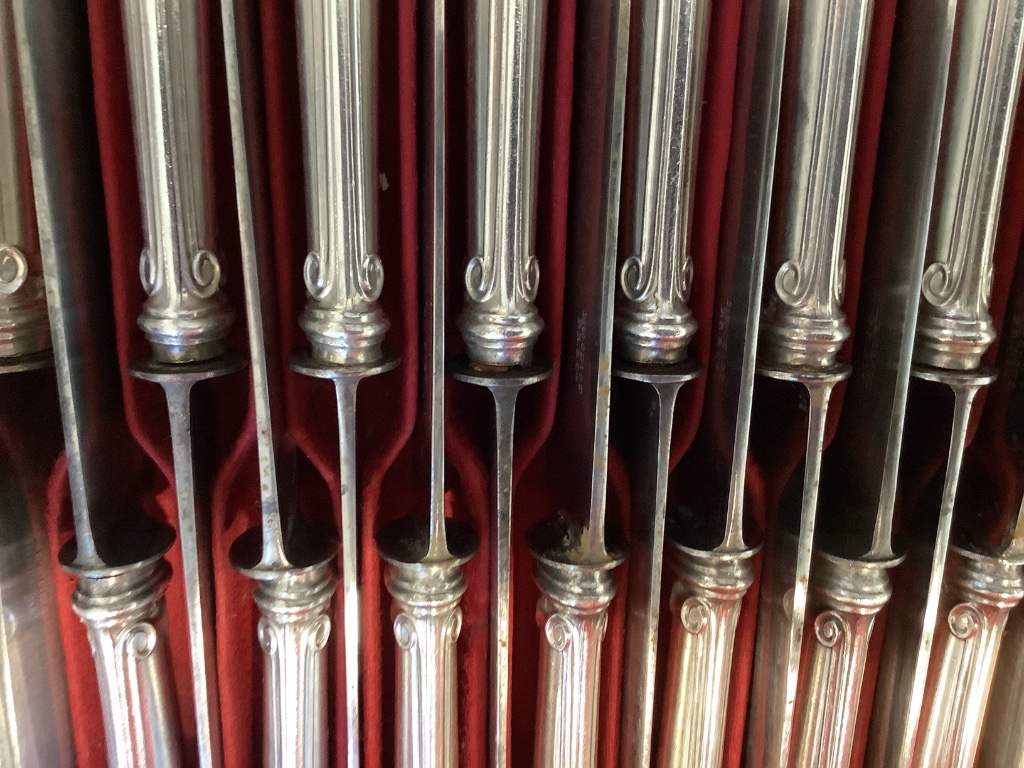 A late 19th century French canteen of silver 950 standard cutlery, in a brass mounted oak canteen, by Prevost Recipon & Cie (Maison Odiot)